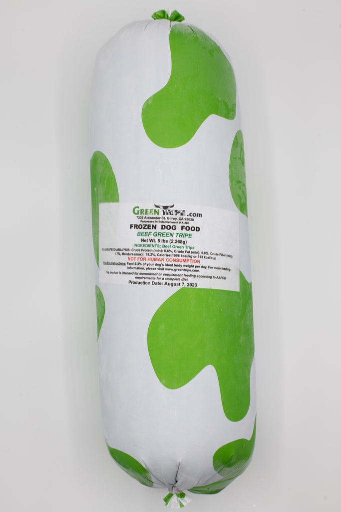 A roll of 5lb Frozen Raw Beef Green Tripe