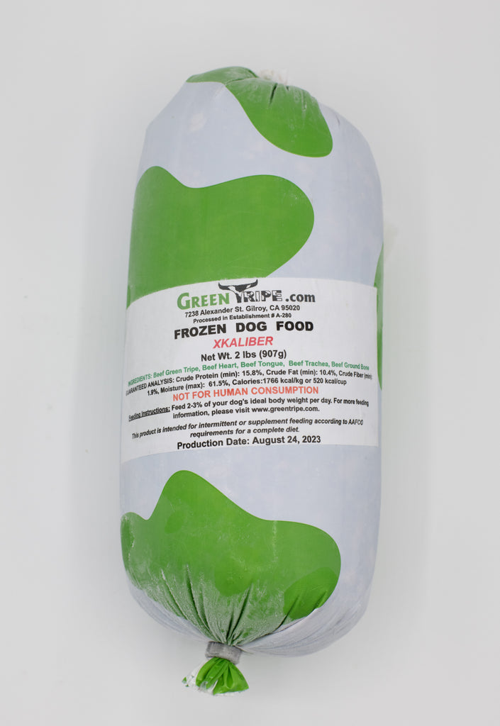a roll of 2lb Xkaliber - frozen raw dog food
